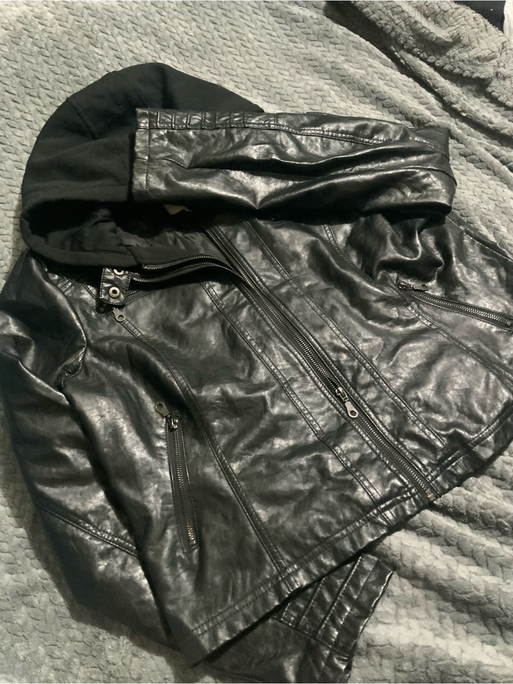 Japna Black Faux Leather Hooded Zip Jacket